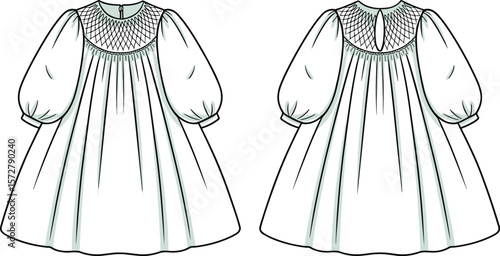 Girls' smocked neck puff sleeve dress flat sketch illustration, adorable kids' apparel, fashion CAD drawing, comfortable and charming design.