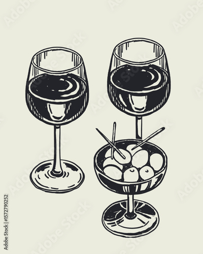 Italian cuisine and sea inspired illustrations with pasta, seafood, wine, lemons, shells, herbs in doodle cartoon vector style, Mediterranean kitchen wall art prints in la dolce vita style.