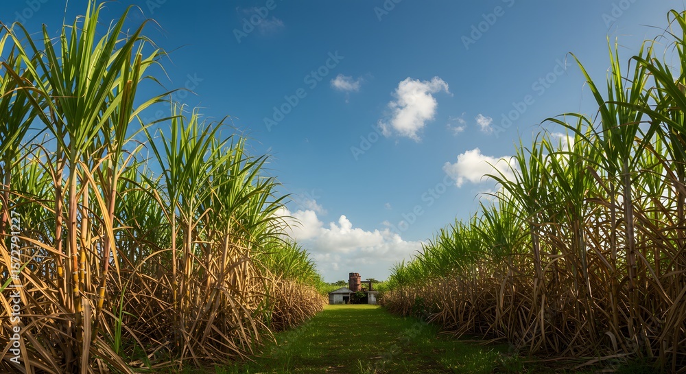 Fototapeta premium Sugarcane Plantation Field with Building in Background