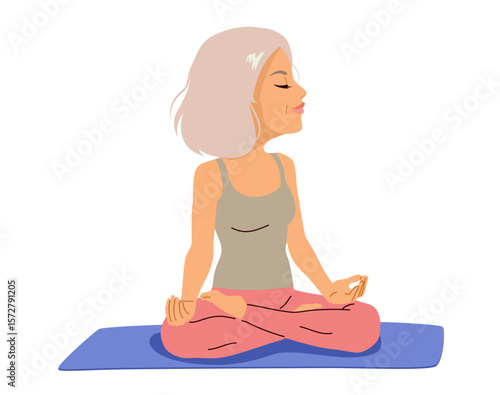 Vector cartoon of an elderly woman practicing yoga. Active lifestyle, wellness, and flexibility concept for healthy aging and senior fitness