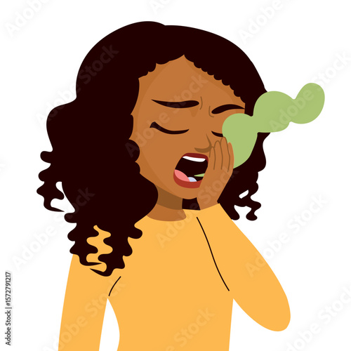 Vector cartoon of a woman smelling her own breath with a green odor cloud. Dental hygiene, bad breath, and personal care concept in humorous style illustration