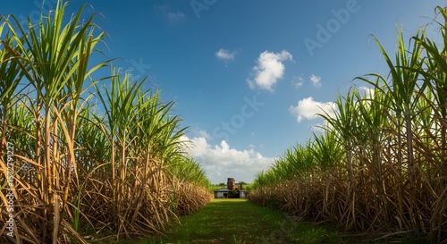 Sugarcane Plantation Field with Building in Background