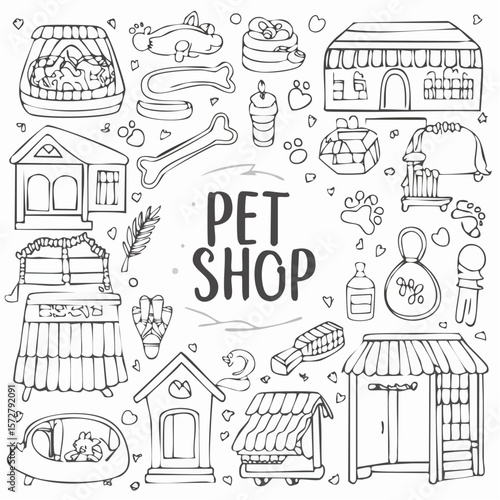Set of hand drawn pet shop doodle illustrations. Outline drawings of cat, dog, hamster, toys, accessories, house, bed. Supplies for domesticated animals. Vector ...