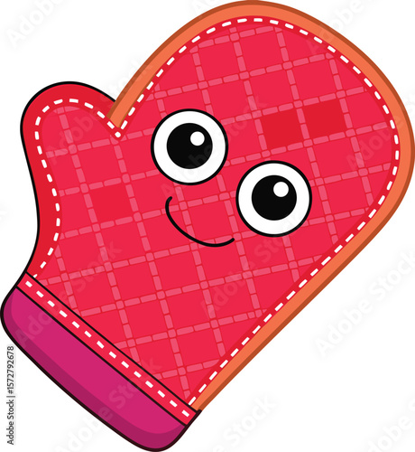 Smiling oven mitt with stitched border and kawaii face, cartoon kitchen glove vector on transparent background