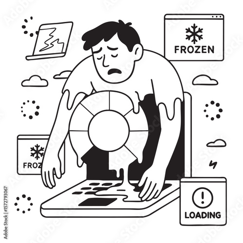 Person struggles with frozen computer, expressing frustration through coloring and line art