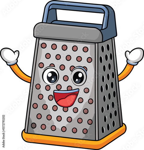 Smiling grater with handle and cheerful face, kawaii kitchen utensil vector on transparent background