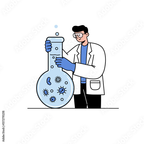 Scientist in lab coat holds flask with microbes