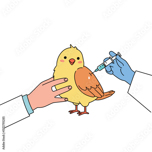 A yellow bird receives an injection from a gloved hand while another hand holds it