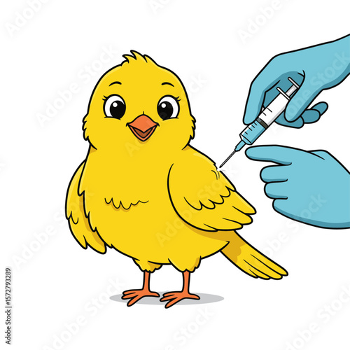 A yellow bird is getting an injection from a gloved hand with a white background