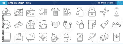 A set of line icons related to Emergency Kits. Documents, medicine, food, hygiene items, charger, and so on. Vector editable stroke.
