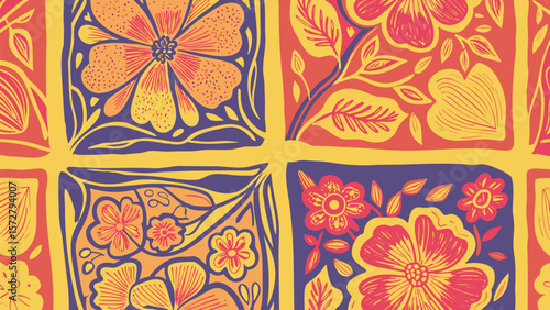 Floral pattern with square tiles featuring stylized flowers and leaves in bold color scheme design