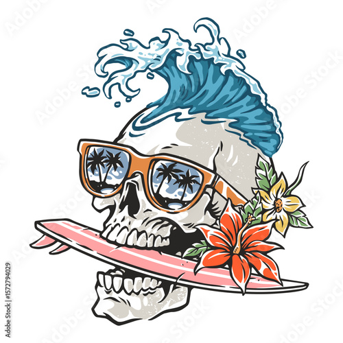 Surfing skull design with tropical elements
