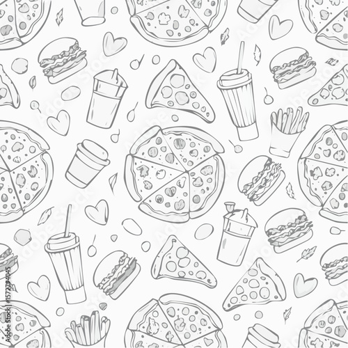 Seamless vector pattern with outline fast food icons. Background with hand drawn pizza, burger, hotdog, ice cream, soda, coffee. Sketch food background. Doodle silhouettes of takeaway ...