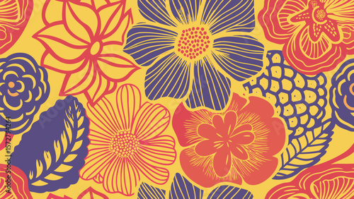 A colorful floral pattern with red orange and purple flowers on a yellow background design element image