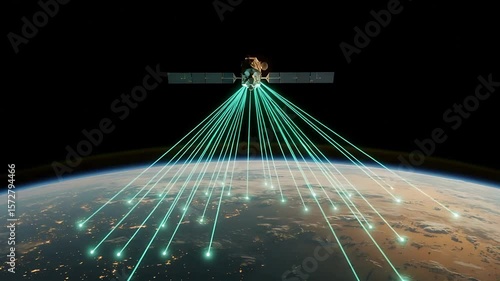 Satellite orbiting Earth, emitting beams of light towards the planet, showcasing technology in space