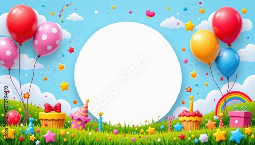 joyful kid friendly birthday setting featuring a central white circle surrounded by animated balloon