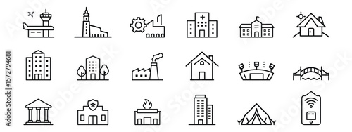 icon set of buildings and landmarks, hospital, airport, factory, stadium, houses, school, government, fire station, smart home, various type of icon as airport, hospital, school, house, police station