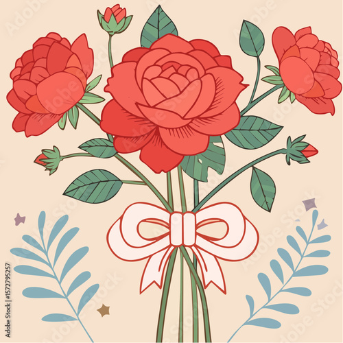 Hand drawn red rose flower with cute ribbon bow. Line art botanical drawing for tattoo, card design. Coquette style floral illustration. Vector ...