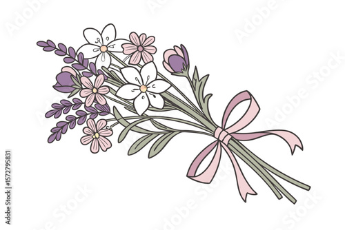 Delicate handpicked wildflowers with ribbon gentle beauty vector art illustration
