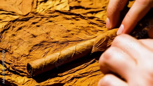 Hands rolling premium tobacco cigar slowly