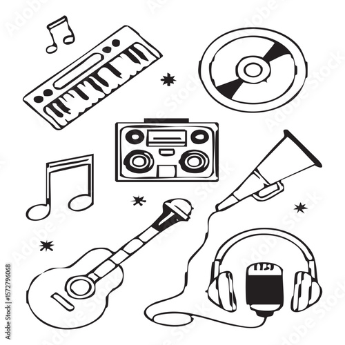 Melody of instruments: A whimsical illustration showcases a collection of musical instruments, perfect for music lovers, evoking creative vibes with simplicity and charm. 