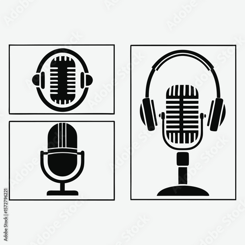 Collection of black and white microphone and headphone icons for audio and podcasting
