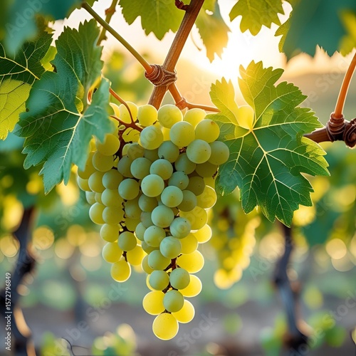 Bunch of grapes. Ripe grapes on the vine, set against a vibrant sunset sky