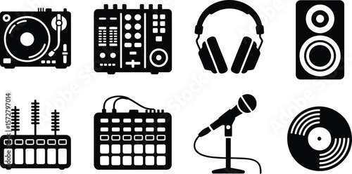 Collection of black music production and dj equipment icons on white background