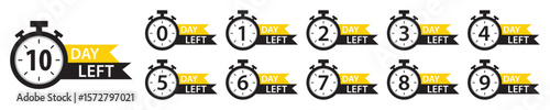 Countdown timer icons set. 0 to 10 days left stopwatch labels for sale, offer, promotion, limited time, events, digital market and deadline reminder. Countdown days left banner. Vector illustration.