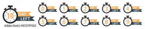 Countdown timer icons set. 0 to 10 days left stopwatch labels for sale, offer, promotion, limited time, events, digital market and deadline reminder. Countdown days left banner. Vector illustration.
