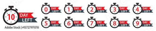 Countdown timer icons set. 0 to 10 days left stopwatch labels for sale, offer, promotion, limited time, events, digital market and deadline reminder. Countdown days left banner. Vector illustration.