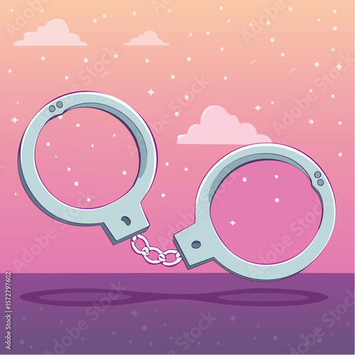 Metal pink handcuffs with chain. Vector clipart for emo, goth, punk design. Arrest, crime concept