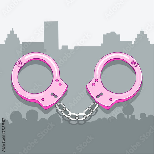 Metal pink handcuffs with chain. Vector clipart for emo, goth, punk design. Arrest, crime concept