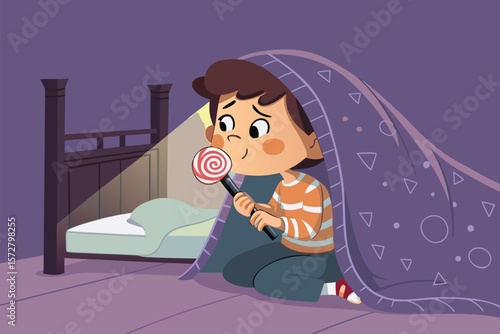 Vector child secretly eats candy at night, hiding from parents.