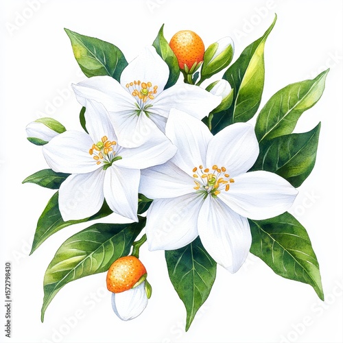 A stunning watercolor painting showcases a vibrant cluster of Neroli blossoms, their delicate white petals and bright orange buds creating a beautiful composition against a stark