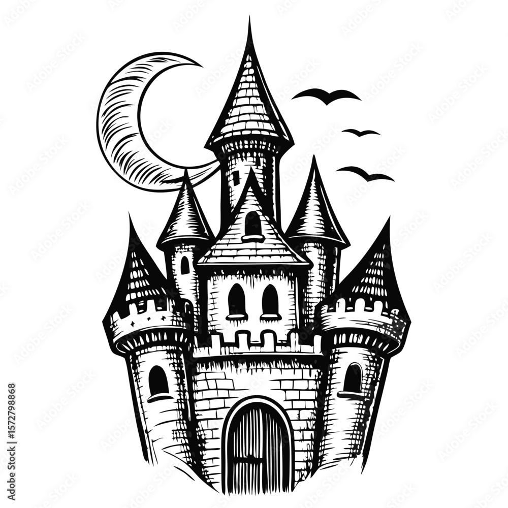 Obraz premium Castle with crescent moon above in hand-drawn engraving, showing detailed architecture and silhouettes of birds. Castle highlights the intricate details.