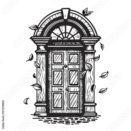 Doorway with falling leaves in monochrome engraving, doorway with falling leaves in vintage style.