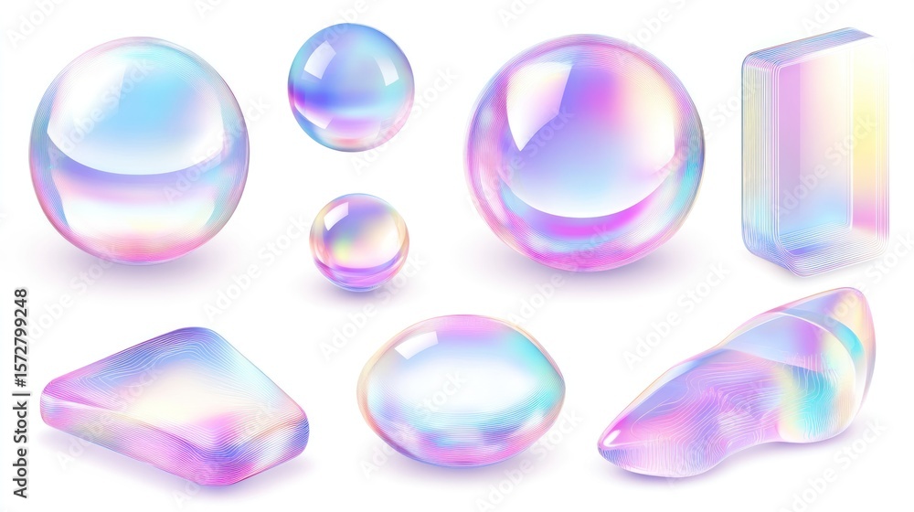 Obraz premium Iridescent spheres, bubbles, and geometric shapes.