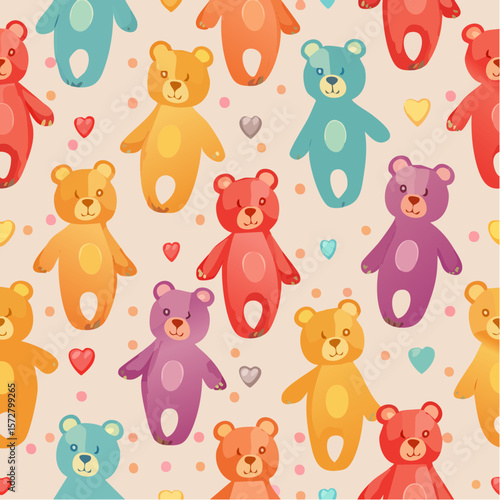 Seamless vector pattern with colorful y2k lollipop bears. 90s 00s cute accessory. Vintage jewellery background. Funky bijouterie texture