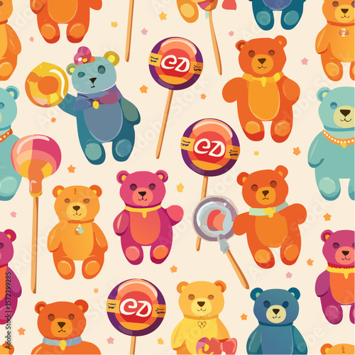 Seamless vector pattern with colorful y2k lollipop bears. 90s 00s cute accessory. Vintage jewellery background. Funky bijouterie texture