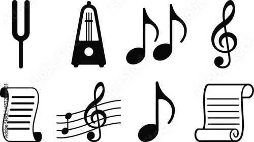 Collection of musical symbols including a tuning fork metronome notes and sheet music