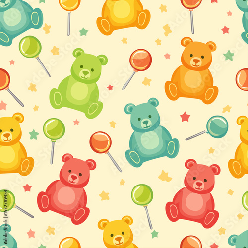 Seamless vector pattern with colorful y2k lollipop bears. 90s 00s cute accessory. Vintage jewellery background. Funky bijouterie texture