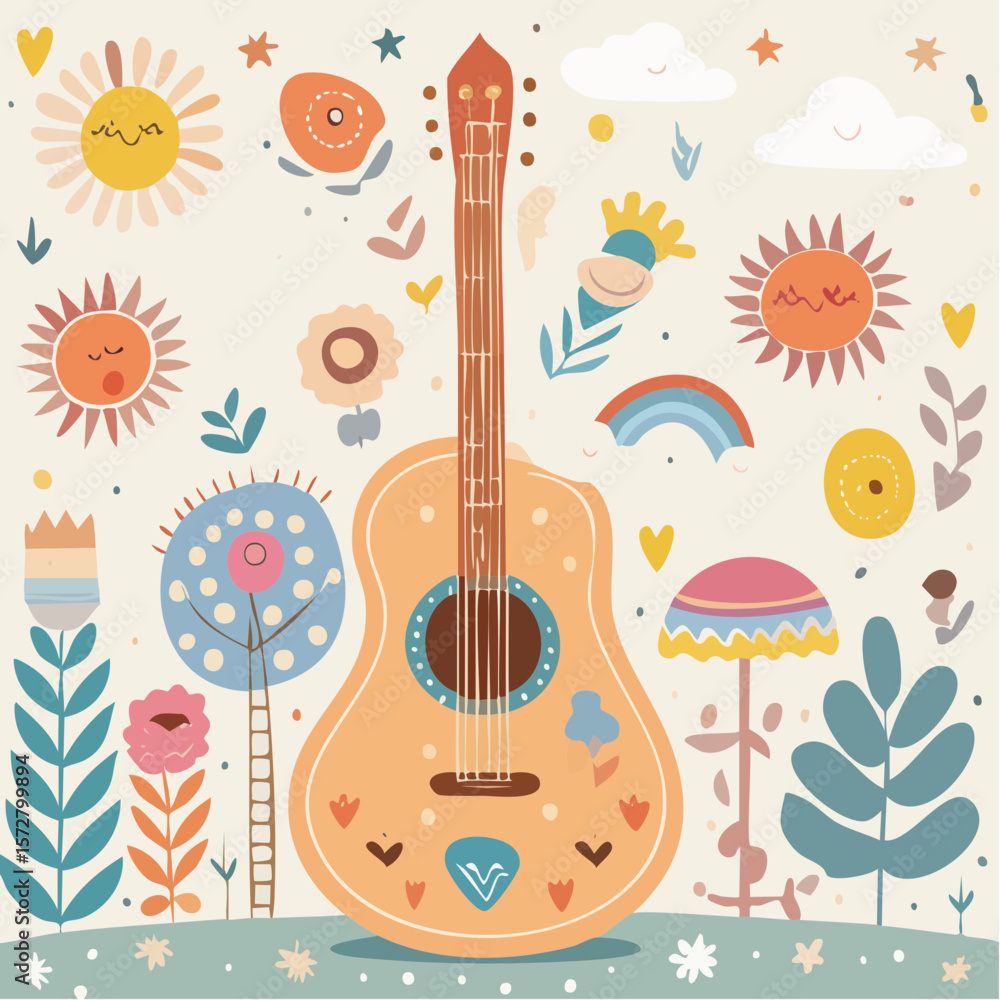 Naklejka premium Vector illustration of hippie acoustic guitar with cute patches. Hand drawn festival music instrument in 60s and 70s style. Boho lifestyle element. Vintage groovy ...