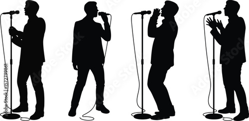 Four male singers in silhouette performing with microphones on stage