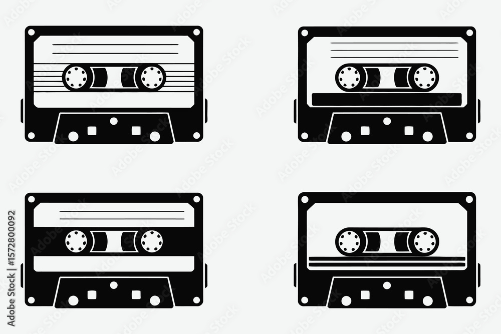 Fototapeta premium Four retro cassette tapes in a grid layout on a white background
