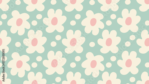 Seamless pattern of stylized white flowers with pink centers and white dots on a light blue background