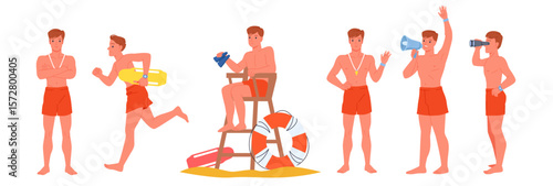 Beach lifeguard characters set. Young man rescuer in red shorts standing and running to save life, guy holding megaphone and binoculars, guard sitting on wooden tower cartoon vector illustration