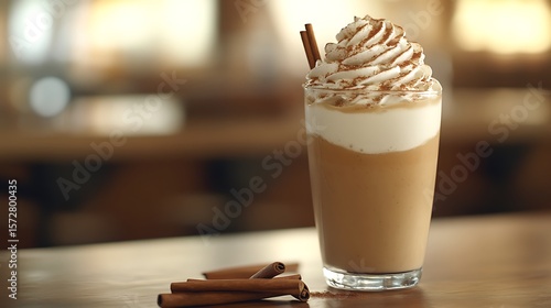 A cold glass of spiced chai frappé, topped with whipped cream and cinnamon, with an empty space for text