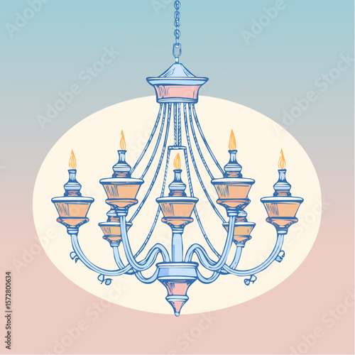 Hand drawn illustration of vintage chandelier. Coquette style line art crystal lamp. Sketch drawing of antique lighting equipment. Vector design
