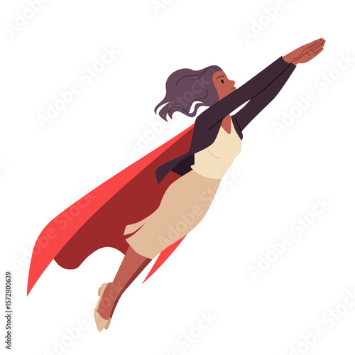 Business lady superwoman flying up with focus on goals, success opportunity, achievement of female leader. Confident brave and strong businesswoman in red superhero cape cartoon vector illustration